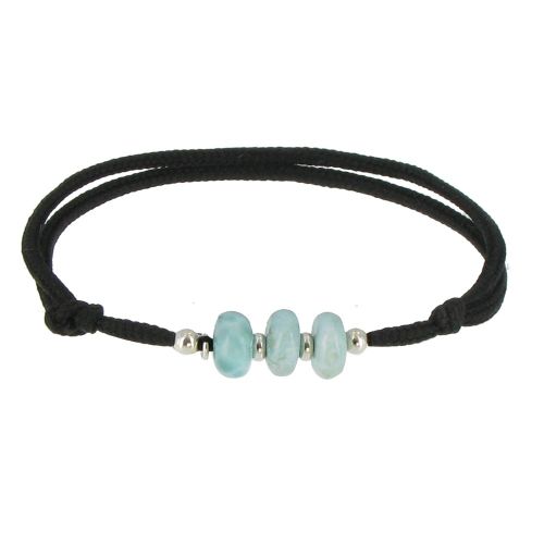 Bracelet Lien Noir 3 Rondelles de Larimar et d'Argent - LES POULETTES BIJOUX - Modalova