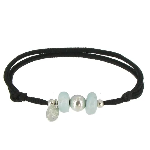 Bracelet Lien Noir 2 Anneaux de Larimar et Perle d'Argent 925 - LES POULETTES BIJOUX - Modalova