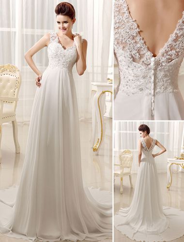 Robe de marie simple blanche en dentelle co V en dentelle boutonn sur dos jupe plisse robe de mariage - Milanoo - Modalova