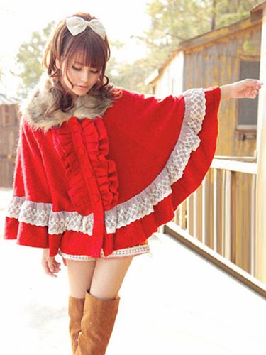 Lolita doux manteau poncho manteau dentelle volants volants cape de laine rouge Lolita Dguisements Halloween - Milanoo FR - Modalova