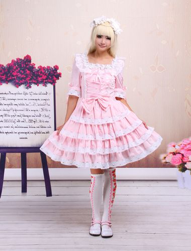 Garniture de Sweet Lolita rose OP robe manches moyennes avec dentelle Dguisements Halloween - Milanoo - Modalova