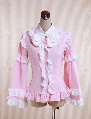 Toussaint Cosplay Lolita Blouse rose manches longues en coton volants blanc Bow Trim Dguisements Halloween - Milanoo FR - Modalova