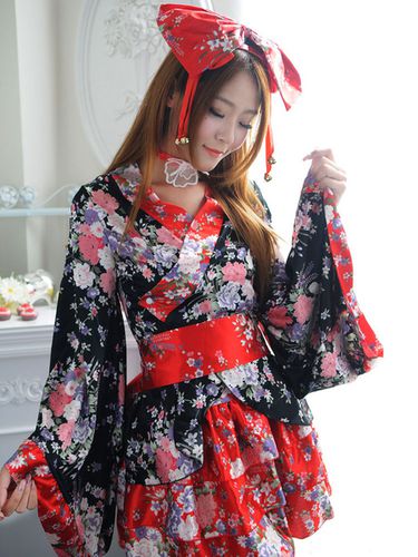 Costume de Kimono Japonais Noire Robe Courte Lolita Bonne Cosplay Anime Ensemble - Milanoo FR - Modalova