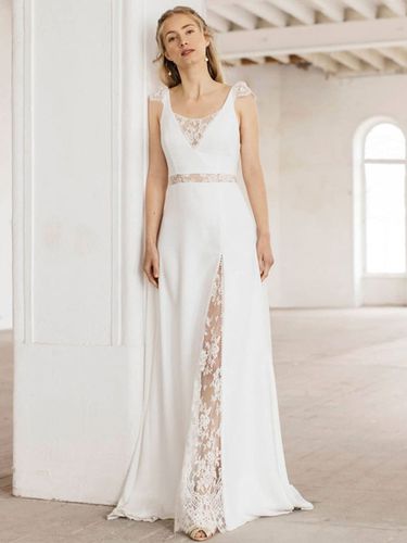 Robe de marie simple blanche A-ligne col en V sans manches en mousseline de soie longues robes de marie - Milanoo - Modalova