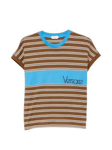 Striped Logo Embroidered Knit T-Shirt By - Versace - Modalova