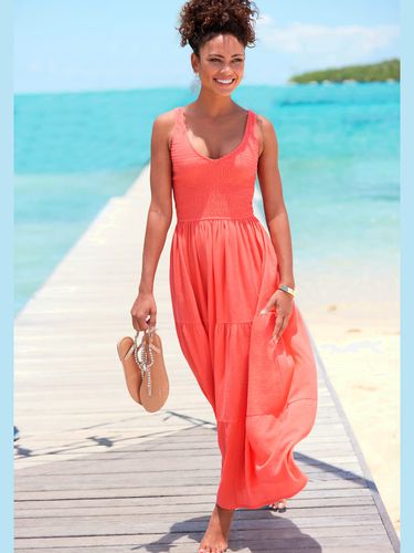 Robe longue haut smocké avec encolure en v - Beachtime - Modalova