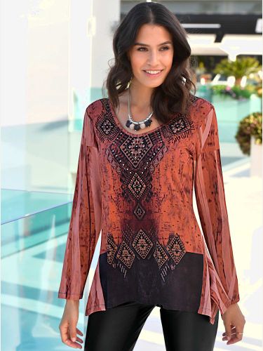 T-shirt asymétrique imprimé ethnique col en u manches longues - Witt - Modalova