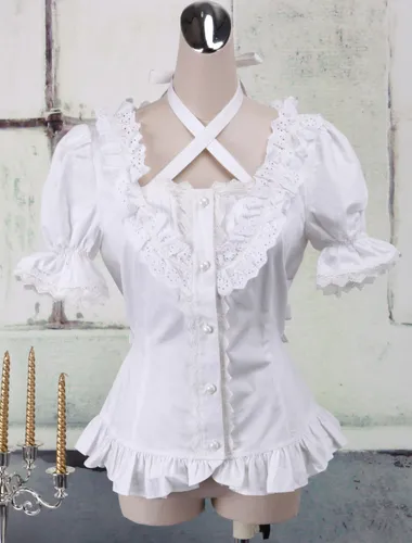 Toussaint Cospaly Costume Lolita Blouse manches courtes encolure bretelles garniture volants en coton avec dentelle Déguisements Halloween - milanoo.com - Modalova