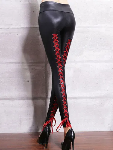 Legging s Elastique Long à Cuir Synthétique Vernis Décoration avec Les Lacets à Noeuds Bicolores Sexy Legging s - milanoo.com - Modalova