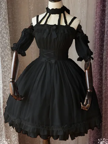 Belle robe à bretelles lolita en chiffon unicolore à volants et bretelles Robe Déguisements - milanoo.com - Modalova
