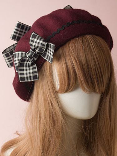 Chapeau Bowler Lolita Classique Lolita Beret Plaid Bow Wool Burgundy Déguisements Halloween - milanoo.com - Modalova