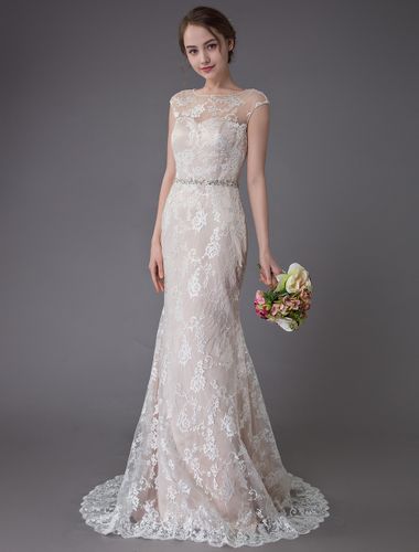 Robe de mariée en dentelle Champagne Jewel sans manches dos nu robe de mariée plage sirène avec train - milanoo.com - Modalova