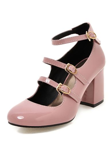 Les talons Chunky roses ronde Toe bouclée Ankle Strap pompe chaussures pour femmes - milanoo.com - Modalova