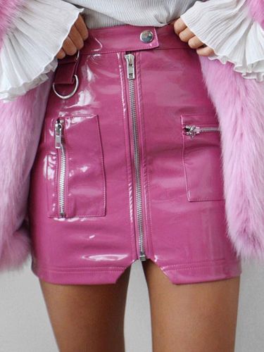 Jupe Courte Moulante en Cuir Synthétique Vernis Sexy Coupe Cintrée à Zip avec Poches Unicolore - milanoo.com - Modalova