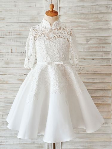 Robe fille de fleur ivoire en satin col haut demi-manche en dentelle décoré de noeud robe fille cérémonie - milanoo.com - Modalova