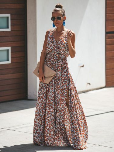 Robe longue fleurie à petits motifs - Robe d'été rouge brique sans manches fente latérale et col en V - Tenue de plage été 2026 - milanoo.com - Modalova