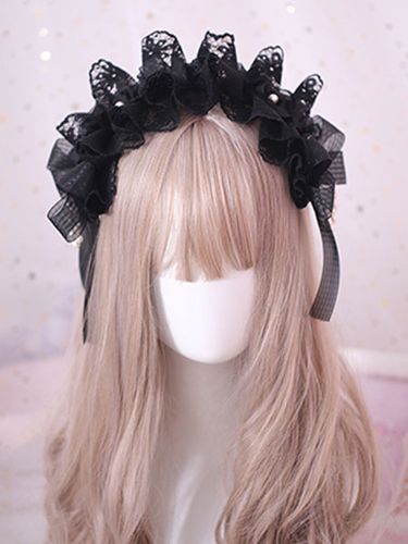 Accessoire de cheveux gothique Lolita Ruffle Bow Pearl Lace Black Déguisements Halloween - milanoo.com - Modalova