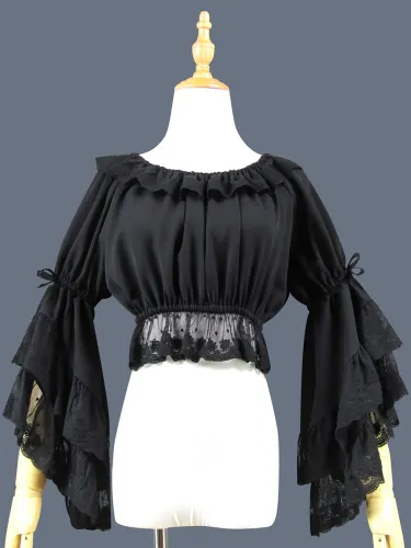 Doux Lolita Blouse Dentelle Ruffle Bow Hime Sleeve Mousseline De Soie Noir Lolita Crop Top Déguisements Halloween - milanoo.com - Modalova