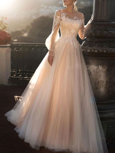 Robe mariée trapèze col rond manche longue transparent boutonné sur dos jupe vaporeuse Robe de mariage - milanoo.com - Modalova