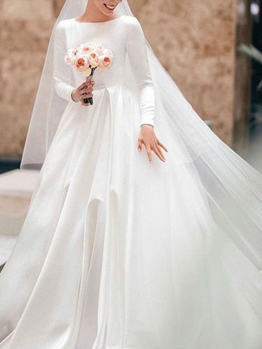 Robe mariée vintage col rond manche longue jupe plissée à traîne Robe de mariage - milanoo.com - Modalova