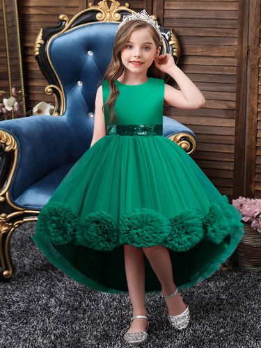 Robe fille de fleur asymétrique en tulle col rond noeud sur dos robe cortège enfant - milanoo.com - Modalova