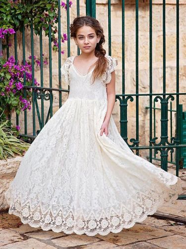 Robe fille de fleur bohémienne en dentelle noeud sur dos robe cortège enfant - milanoo.com - Modalova