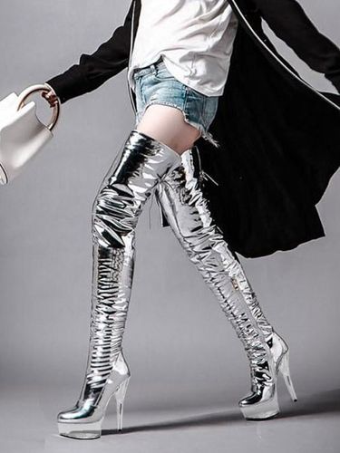 S Bottes Sexy Bout Ouvert Fermeture Éclair Paillettes Talon Aiguille Rave Club Argent Cuissardes Cuissardes Bottes - milanoo.com - Modalova