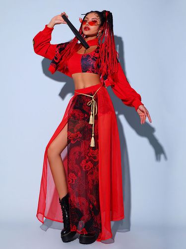 Costumes de danse jazz pour femmes Corset en polyester pardessus jupe fendue ceinture 4 pièces ensemble vêtements de danse - milanoo.com - Modalova