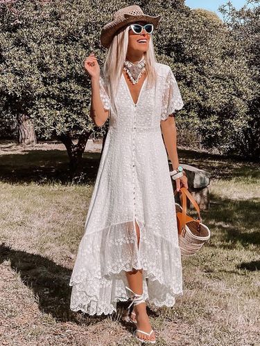 Robe longue bohème en dentelle blanche - Robe courte à manches courtes et boutons brodés - Tenue d'été idéale pour la plage les mariages et les - milanoo.com - Modalova