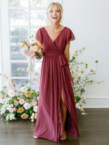 Robe de demoiselle d'honneur col V jupe fendue longueur cheville - milanoo.com - Modalova
