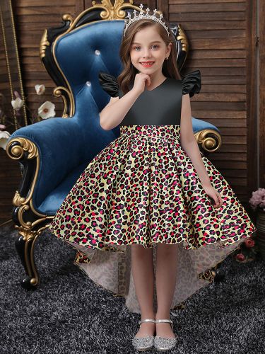 Robes de demoiselle d'honneur jaunes avec train col en V sans manches imprimé léopard robes de soirée pour enfants - milanoo.com - Modalova