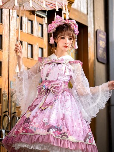 Ensemble Lolita de style japonais : robe Lolita kimono rose sans manches à imprimé floral et nœuds en polyester - milanoo.com - Modalova