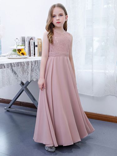 Robe de demoiselle d\'honneur fille mousseline de soie dentelle col bijou sans manches rose lotus - milanoo.com - Modalova