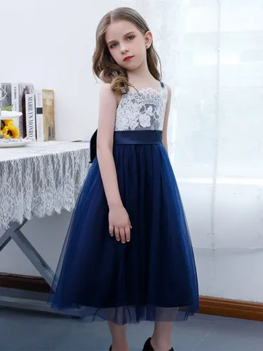 Robe de demoiselle d'honneur fille en mousseline de soie dentelle col carré sans manches bleu marine foncé - milanoo.com - Modalova