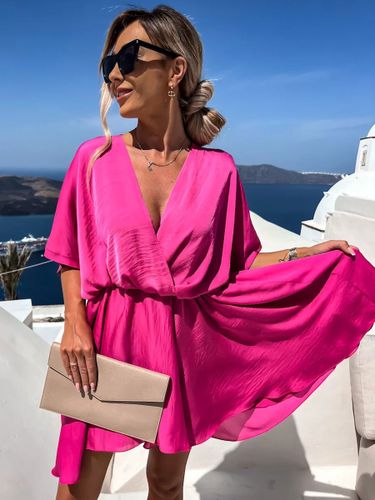 Robe mini en satin - Robe patineuse bohème portefeuille à manches courtes et col en V - Idéale pour les fêtes d'été à la plage 2026 - milanoo.com - Modalova