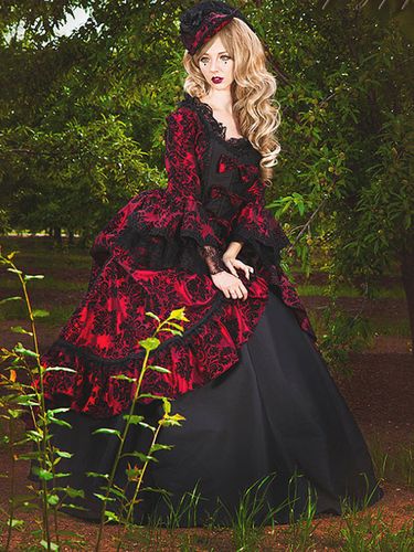 Bourgogne rétro Costumes s dentelle volants Polyester tunique robe rétro Marie Antoinette Costume fête robe de bal - milanoo.com - Modalova