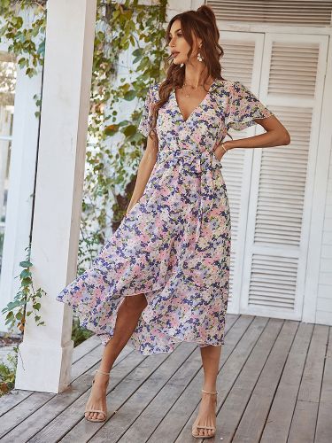 Robe midi portefeuille à imprimé floral - Robe courte à volants et coupe asymétrique - Tenue d'invitée pour un mariage d'été au jardin (collect - milanoo.com - Modalova