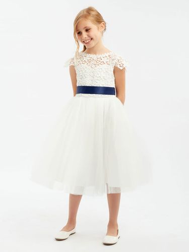 Robe cortège enfant Robe baptême fille col rond en dentelle nœud sur dos - milanoo.com - Modalova