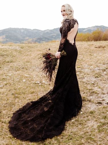 Robes de mariée gothiques sirène manches longues en dentelle avec train robe de mariée personnalisation gratuite - milanoo.com - Modalova