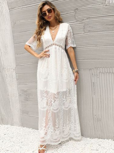 Robe longue bohème en dentelle blanche - Robe longue transparente à manches courtes et col en V - Tenue d'été pour la plage les mariages et les va - milanoo.com - Modalova