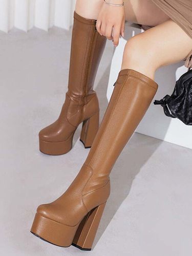 Bottes au Genou à Talons Hauts avec Bout Rond en Cuir Synthétique Unicolore - milanoo.com - Modalova