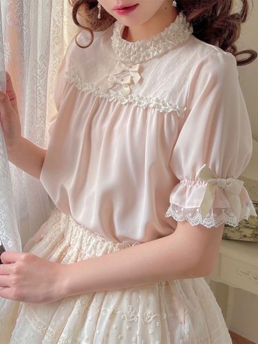 Mignonne Lolita Blouses Col Montant Manches Courtes Bouffantes Nœud Lolita Top Lolita Shirt - milanoo.com - Modalova