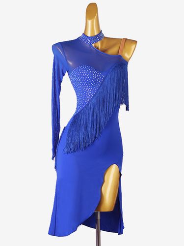 Costume De Danse Latine Manche Longue Une Épaule Nue s Lycra Spandex Robe Dos Nu Élégant Strass Frange - milanoo.com - Modalova