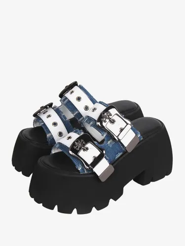 Sandales Mignonne Lolita Bleu En Cuir PU Bout Rond Chaussures Compensées D'été Lolita - milanoo.com - Modalova