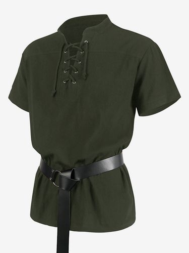 Top Noir Vintage Haut Rétro À Lacets Manches Courtes Polyester Fibre Chemise Rétro Costumes Pour Homme - milanoo.com - Modalova