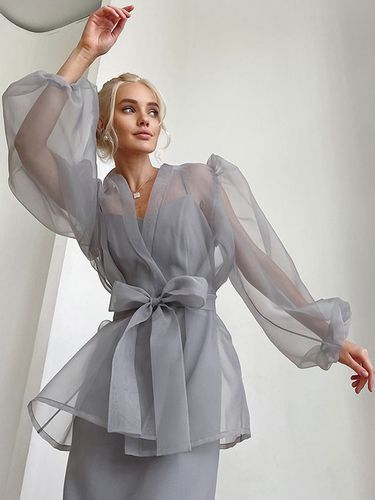 Chemise Gris Stretch Plissé À Lacets Col En V Décontracté Manches Longues Tulle Tops - milanoo.com - Modalova