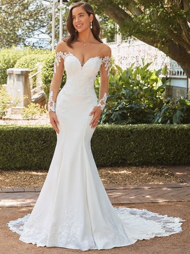 Robes de mariée sirène en dentelle col V manche longue décoré des boutons à traîne - milanoo.com - Modalova