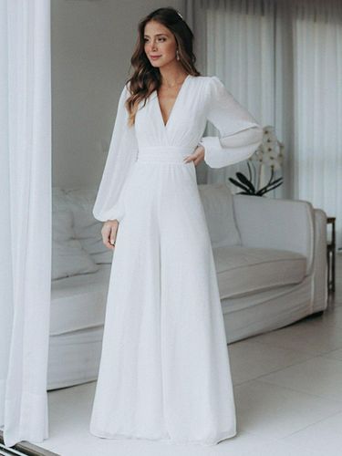 Combinaison de mariée tenue de mariage en mousseline de soie longueur au sol col en V manches longues - milanoo.com - Modalova