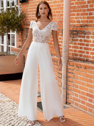 Combinaison de mariée tenue de mariage col V manche courte - milanoo.com - Modalova