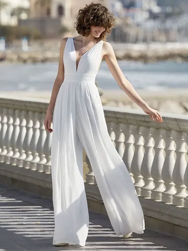 Combinaison de mariée en polyester longueur au sol col en V sans manches taille naturelle - milanoo.com - Modalova
